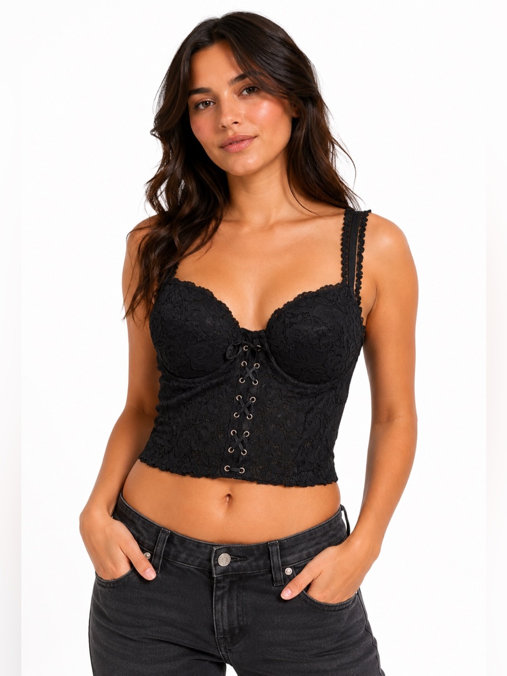 90s Italian Vintage Reality Lace Corset Bustier Top (Black) Size S/M